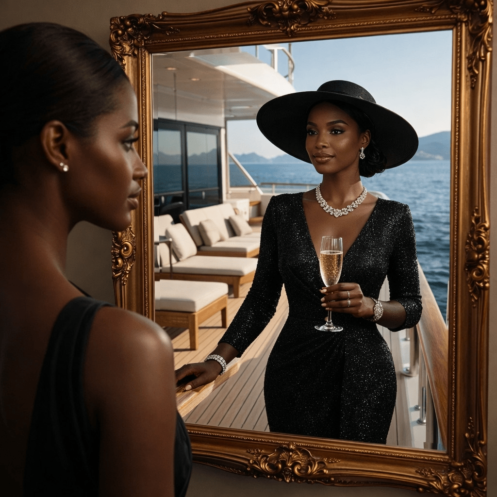 Woman looking into a mirror reflecting her image holding cash in a suit