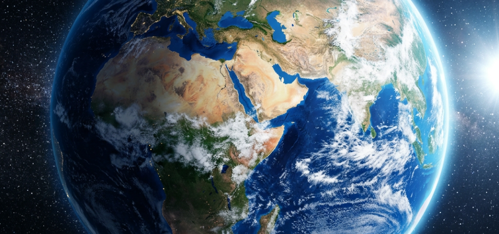 Earth from space showing Africa, Middle East, and Asia with visible clouds and city lights at night