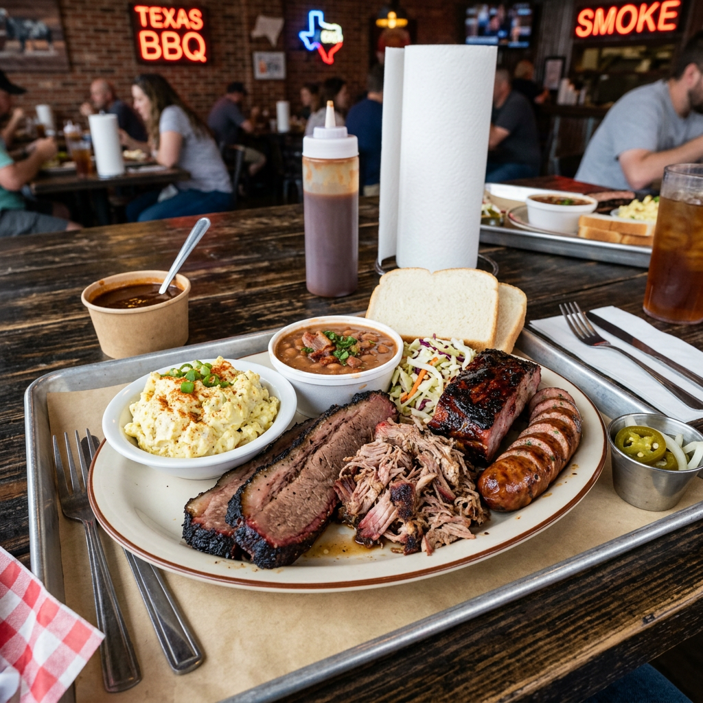 Plate with sliced brisket, pulled pork, ribs, sausage, potato salad, baked beans, coleslaw, white bread, and jalapenos on a tray
