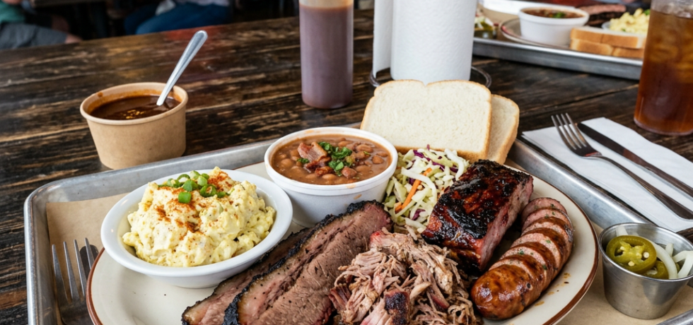 Plate with sliced brisket, pulled pork, ribs, sausage, potato salad, baked beans, coleslaw, white bread, and jalapenos on a tray