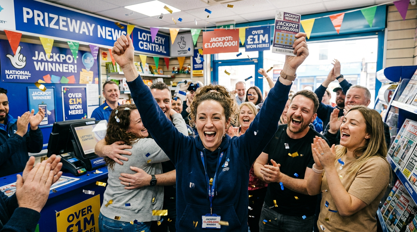 People cheering and clapping inside lottery shop celebrating jackpot winner with ticket and confetti