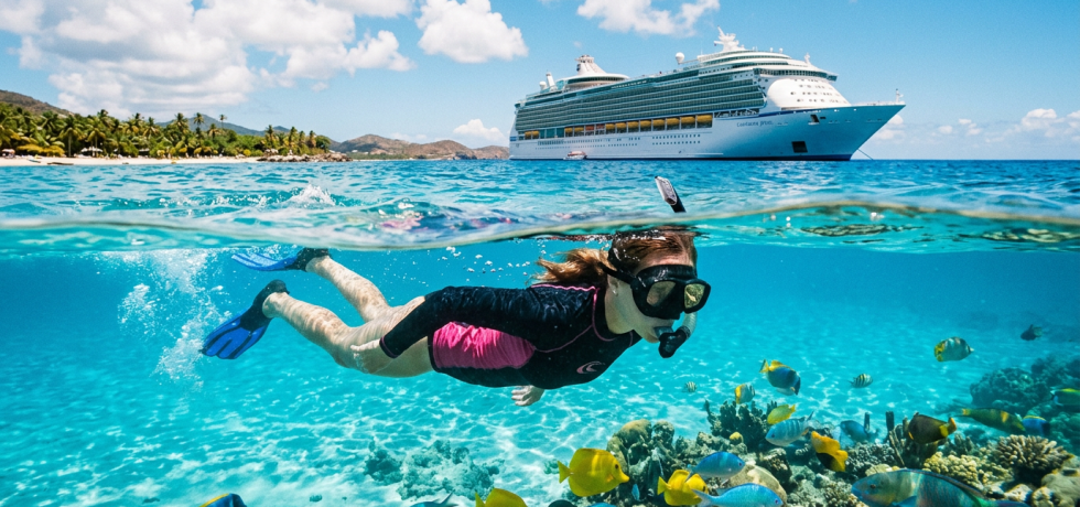 Person snorkeling over coral reef with colorful fish and cruise ship in background