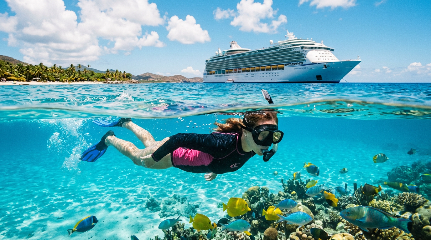 Person snorkeling over coral reef with colorful fish and cruise ship in background