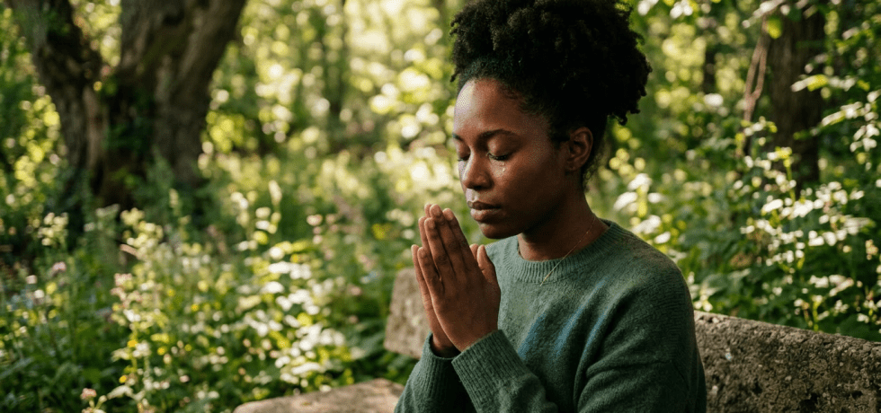 Young woman praying with rosary and cross necklace in church pew