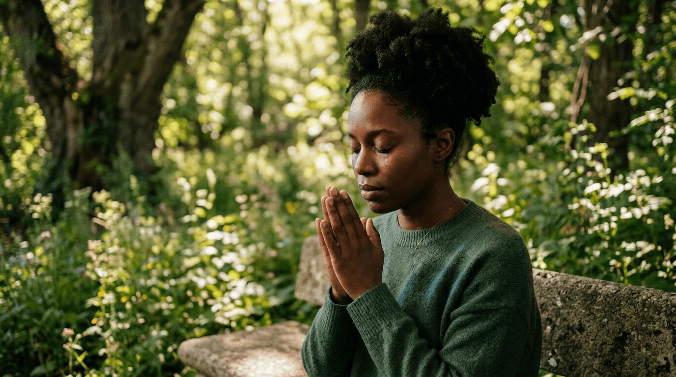 Young woman praying with rosary and cross necklace in church pew