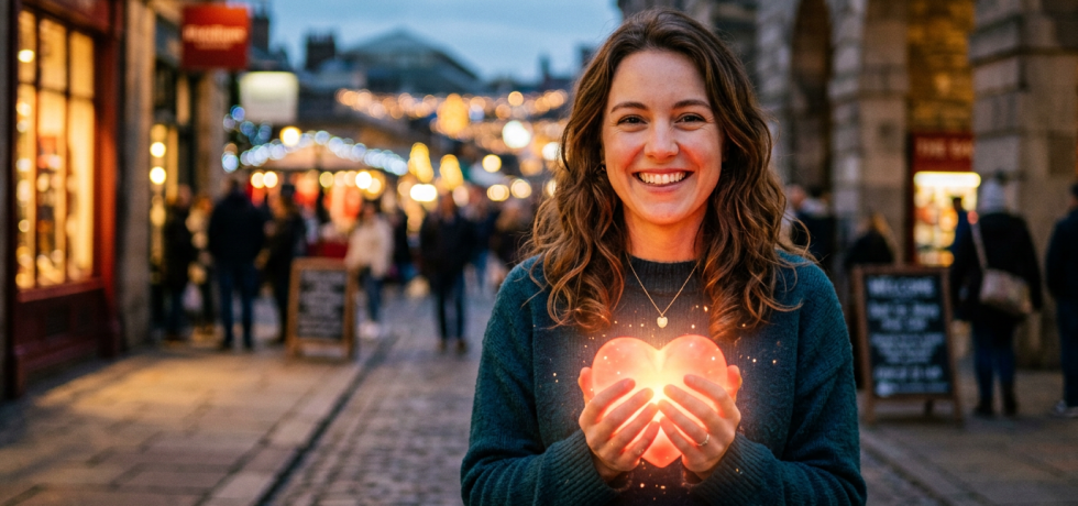 Woman holding glowing heart, smiling