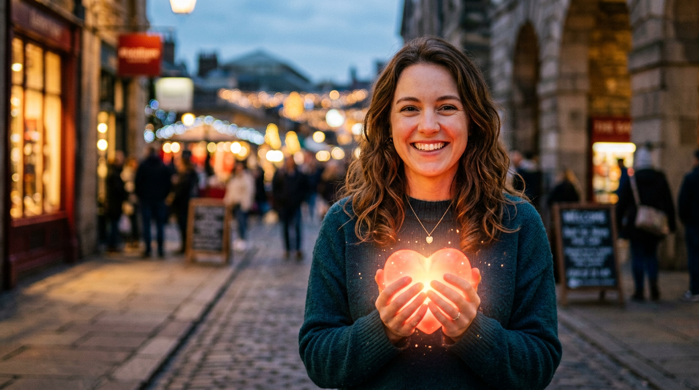 Woman holding glowing heart, smiling
